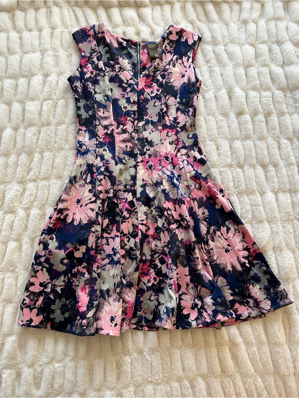 Taylor Floral Fit-and-Flare Retro Rockabilly Scuba Dress in Pink and Navy